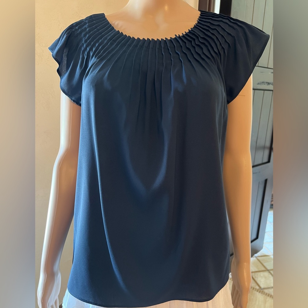 Ann Taylor Navy Blue Pleated Short Sleeve Blouse